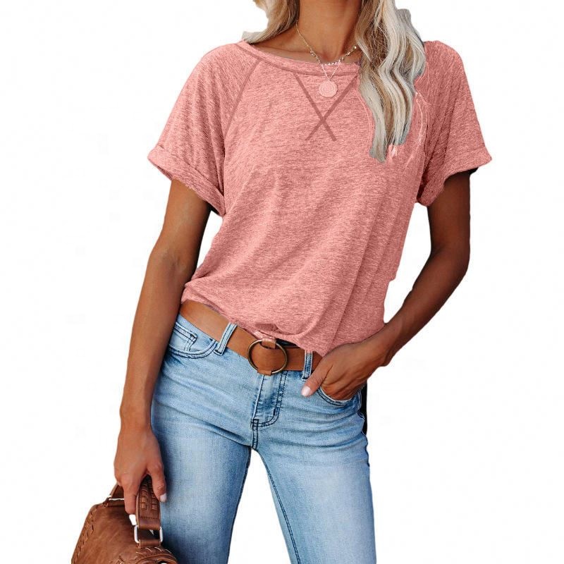 2023 summer new women's solid short sleeve t shirt office lady tops retro simple round neck pullover camiseta de mujer 2023 summer new women's solid short sleeve t shirt office lady tops retro simple round neck pullover camiseta de mujer
