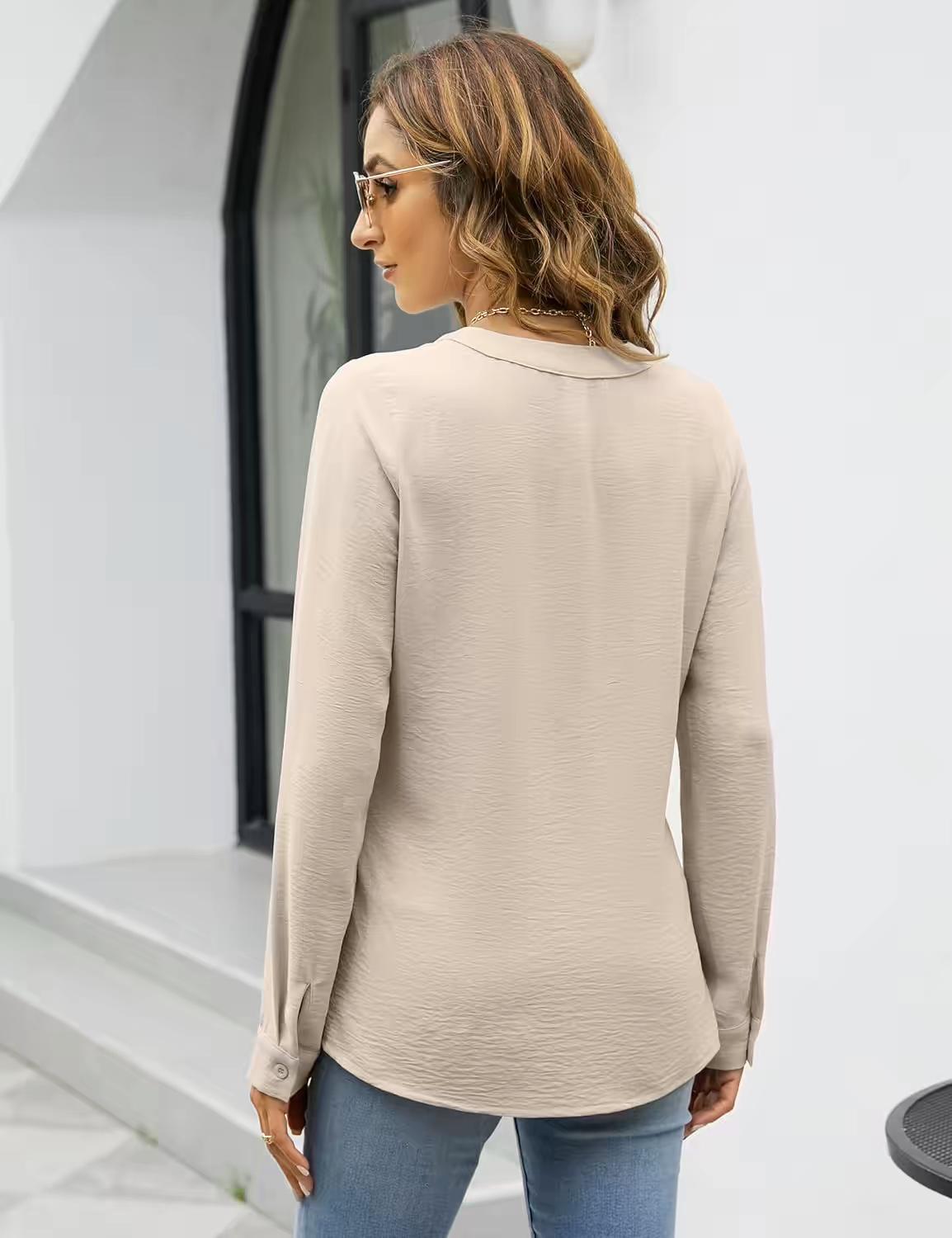 summer new women's formal wear casual shirt office commuting top long sleeve v neck pleated shirt fashionable loose t shirt summer new women's formal wear casual shirt office commuting top long sleeve v neck pleated shirt fashionable loose t shirt