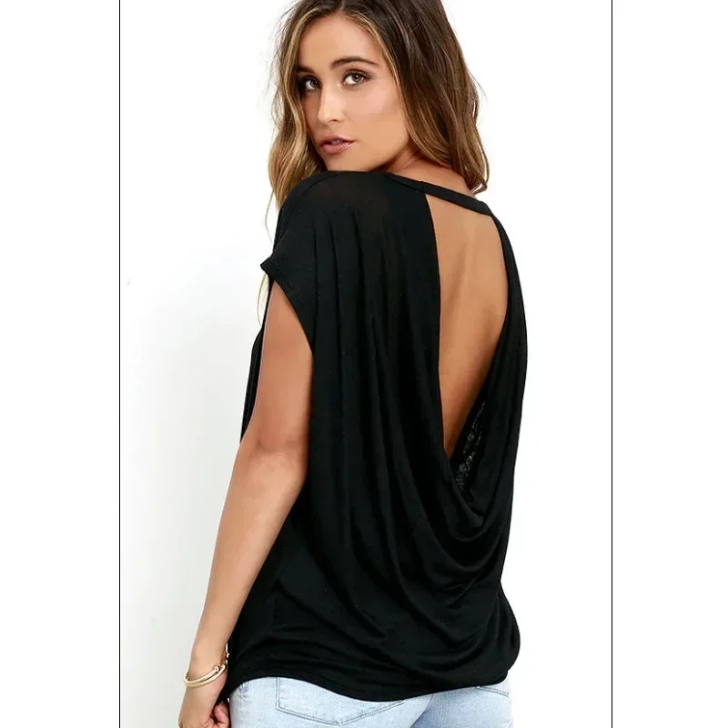fashion women's clothing hot selling european and american clothing solid color women backless t shirt fashion women's clothing hot selling european and american clothing solid color women backless t shirt