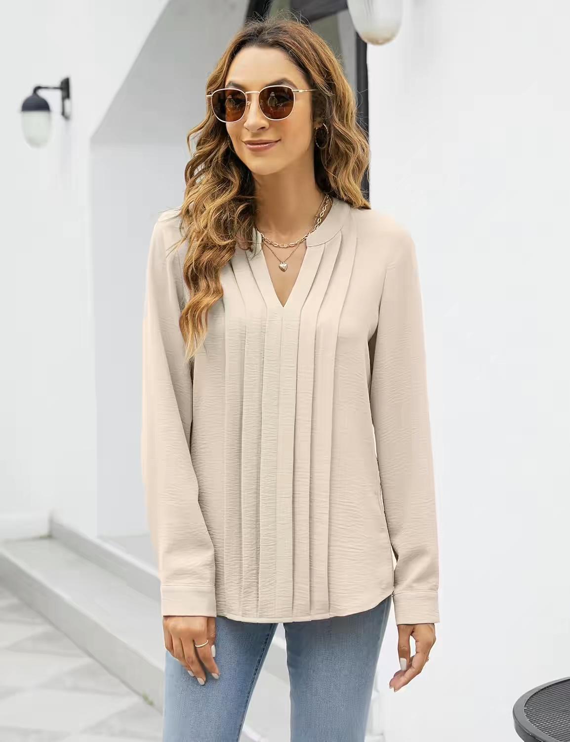 summer new women's formal wear casual shirt office commuting top long sleeve v neck pleated shirt fashionable loose t shirt summer new women's formal wear casual shirt office commuting top long sleeve v neck pleated shirt fashionable loose t shirt