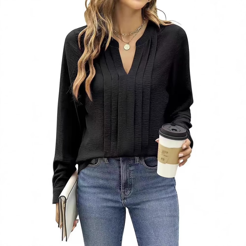 summer new women's formal wear casual shirt office commuting top long sleeve v neck pleated shirt fashionable loose t shirt summer new women's formal wear casual shirt office commuting top long sleeve v neck pleated shirt fashionable loose t shirt