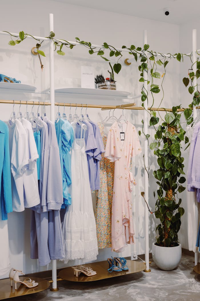 Stylish dresses and outfits on display in a modern boutique shop.